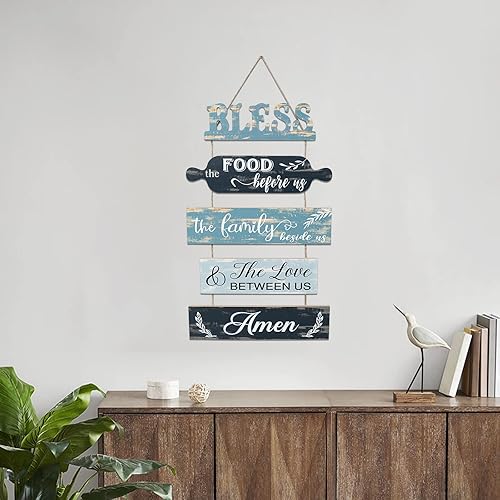Miniatura 7 de SwallowLiving Letrero rústico de cocina de granja con texto en inglés Bless The Food Before Us, decoración de pared rústica para comedor, collage de