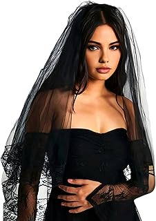 Black Lace Veil Embroidered Floral Edge Wedding Veil 2 Tiers Gorgeous Halloween Prom Gothic Veils Elegant Fingertip Length Veils for Brides Women