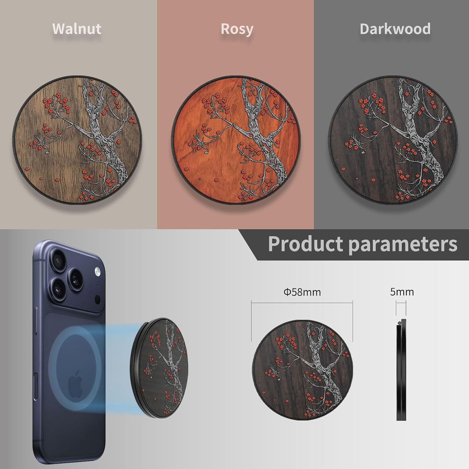 Wood Magnetic Phone Holder, Dark Wood - Crimson Bloom | Adjustable Angle Desk Stand & Mount Compatible with MagSafe iPhone 17 Pro Max 16, 15, 14, Galaxy S26 Ultra S25, Google Pixel