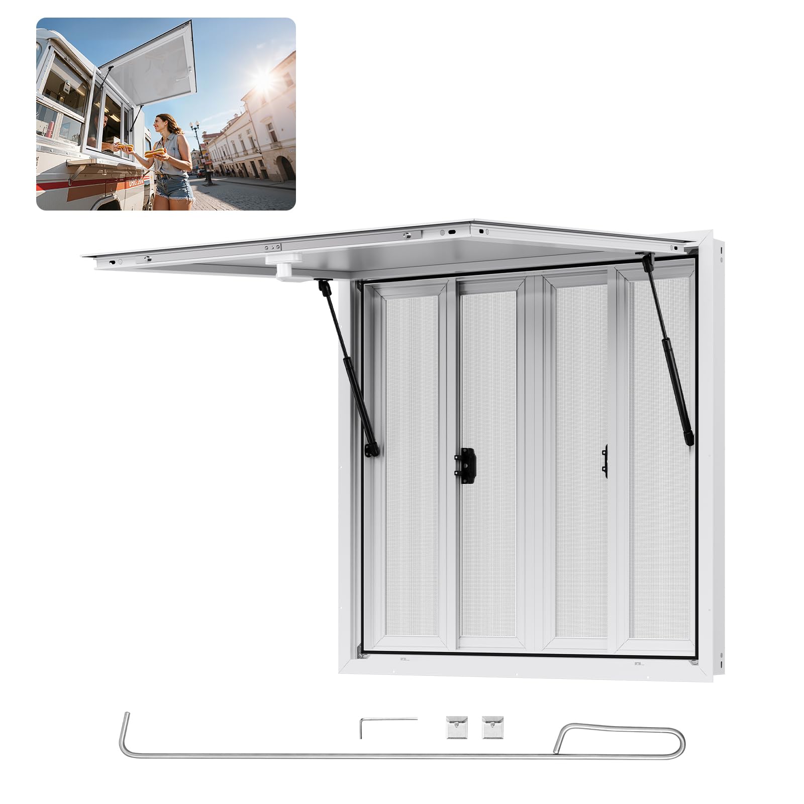VEVOR Concession Window 36 x 36 Inch, Concession Stand Serving Window Door with Double-Point Fork Lock, Concession Awning Door Up to 85 degrees for Food Trucks, Glass Not Included