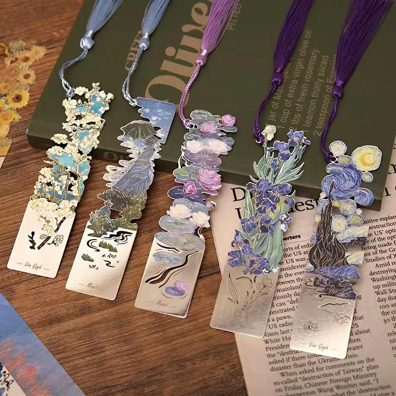 gugululu 2 Pcs Metal Bookmarks with Tassels, Van Gogh Monet Oil Painting Style Bookmark Exquisite Handmade Hollow Bookmarks Gift Craft Bookmark (Starry Night+Irises)
