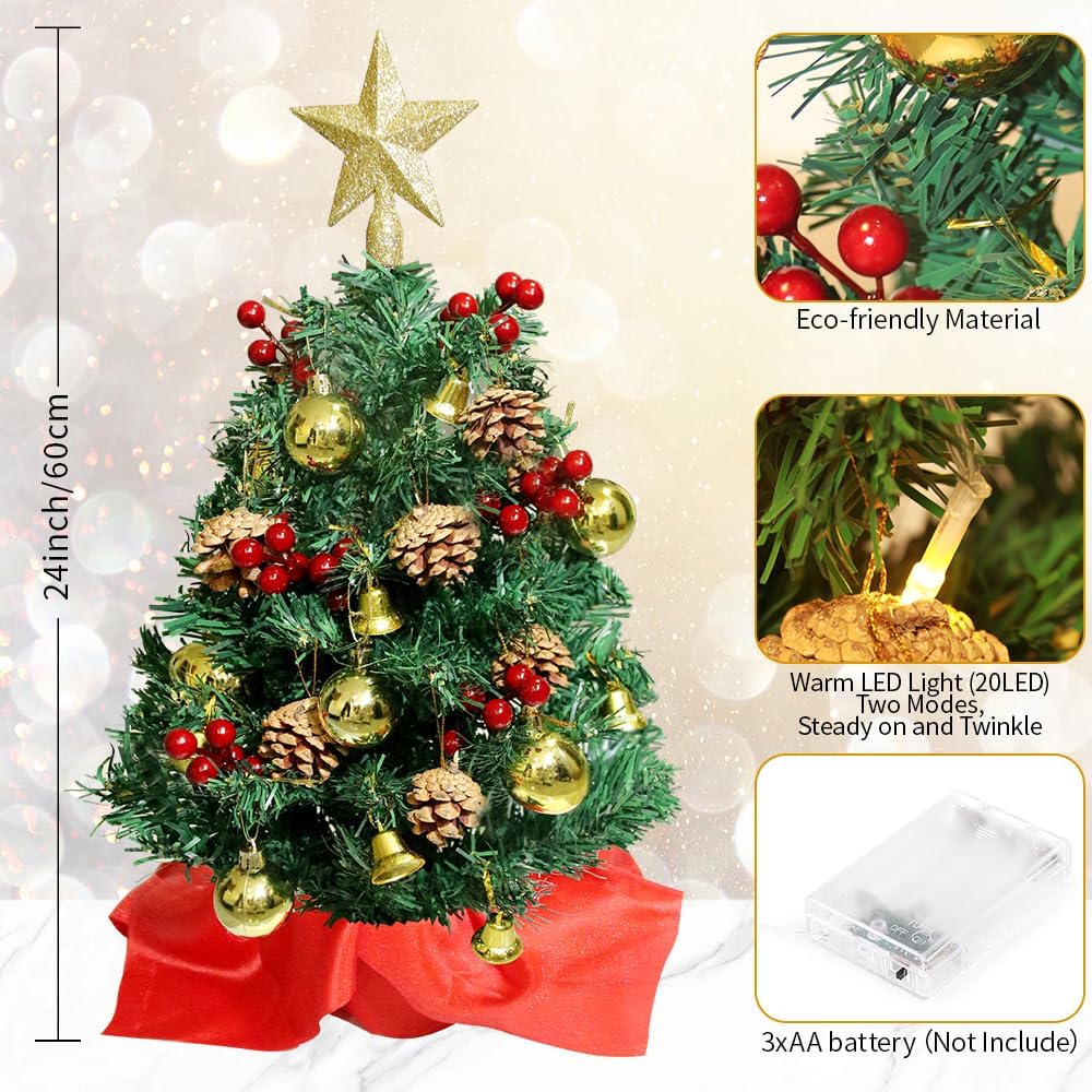 24 Inch Mini Christmas Tree with Lights 2ft Small Christmas Tree with Star Christmas Table Decorations for Bedroom, Home, Office, Holiday Party Decor