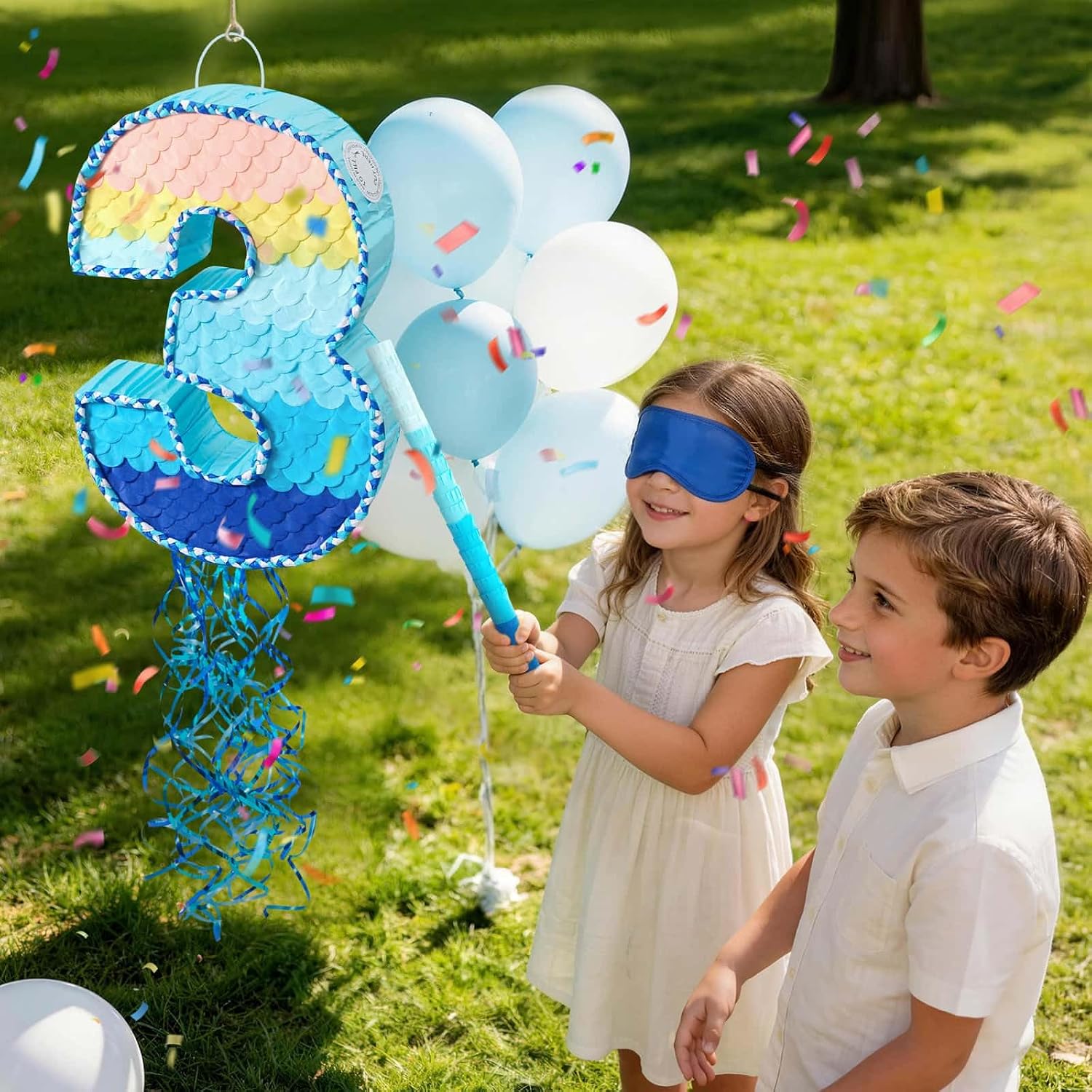 WERNNSAI Number 3 Piñata - Ombre Blue Three Piñata Birthday Party Game with Stick Blindfold for Kids Boys Girls 3rd Birthday Party Decorations（16.3" x 11.2" x 3")