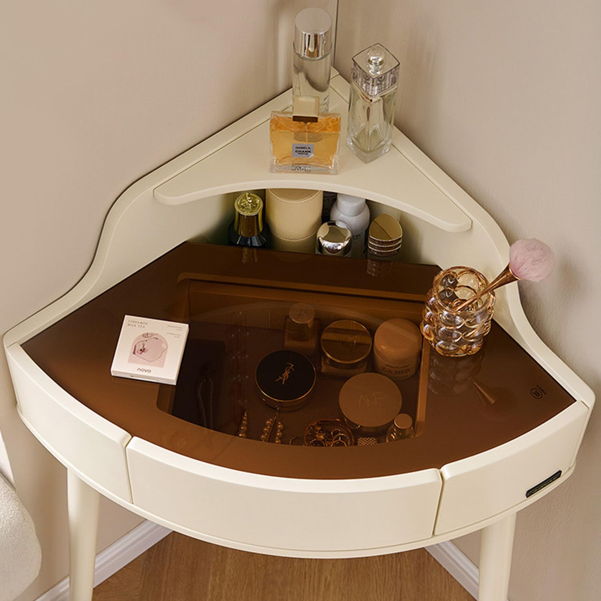 Toeletta angolare con piano in vetro temperato, scrivania da trucco salvaspazio con cassetto nascosto e spazio incassato, per piccoli spazi, camera da letto, ideale per le donne