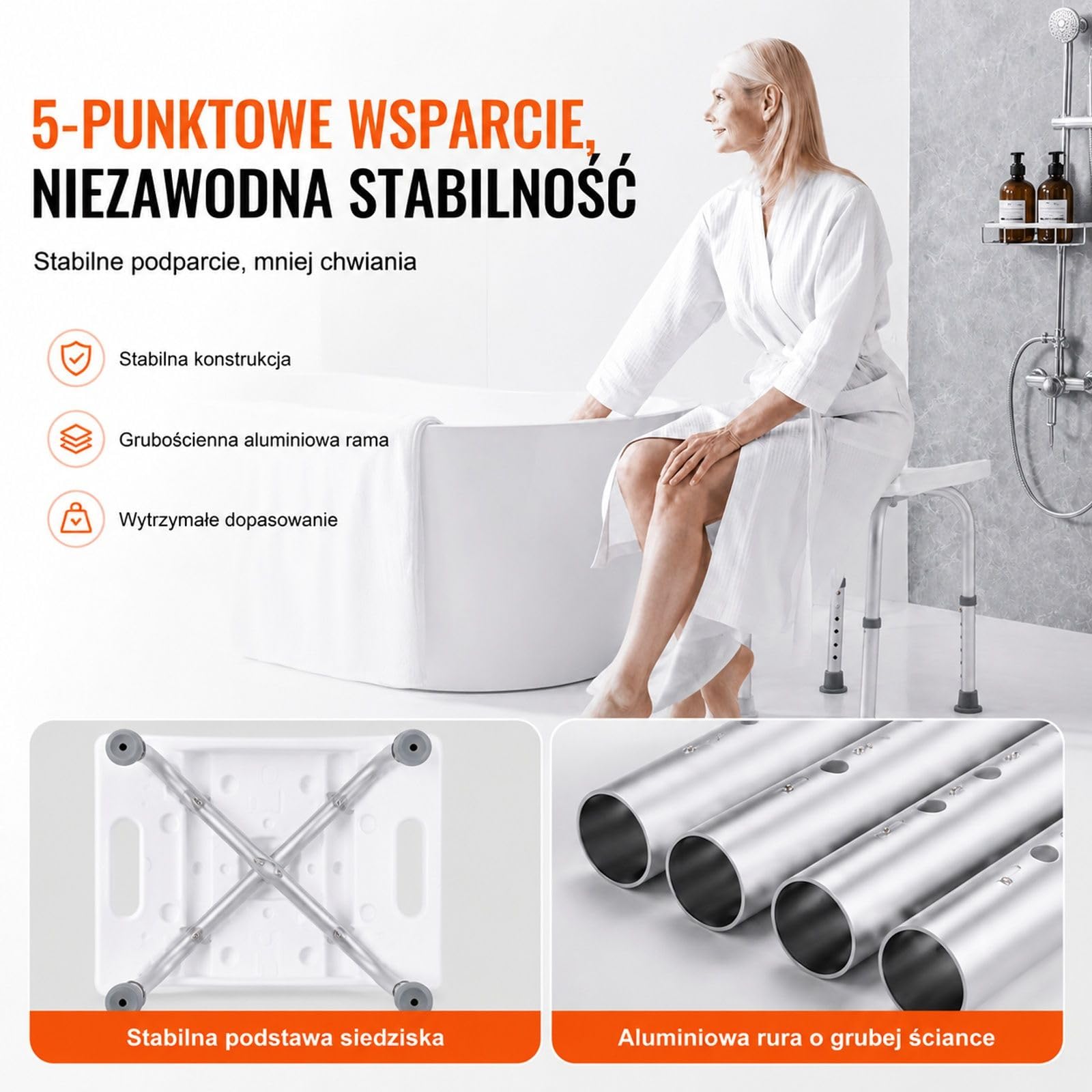 Taboret prysznicowy z regulacją wysokości, białe wygięte siedzisko PE i rama ze stopu aluminium do łazienki oraz wanny