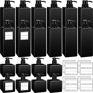 20 Pack 22oz 8oz Shower Refillable Dispenser with 20 Waterproof Labels for Bottles Shampoo and Conditioner Dispenser Square Pump Bottle Dispenser Refillable Shampoo Bottles for Body Wash (Black)