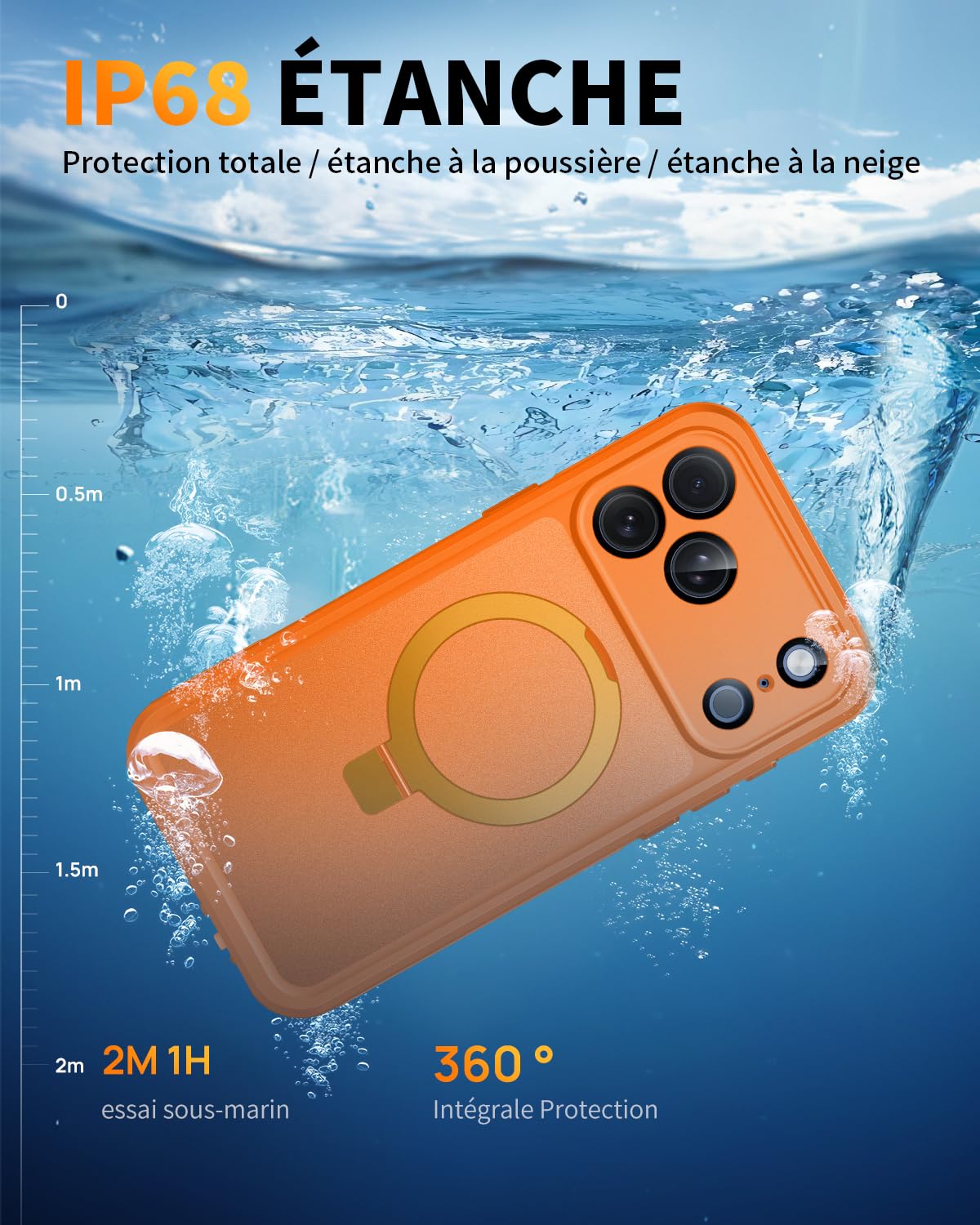 Cover per iPhone 17 Pro Max Impermeabile con Supporto Magnetico | 360°Completa Protezione, IP68 Waterproof Compatibile con Magsafe, Subacquea Antiurto Custodia per iPhone 17 Pro Max, Arancia