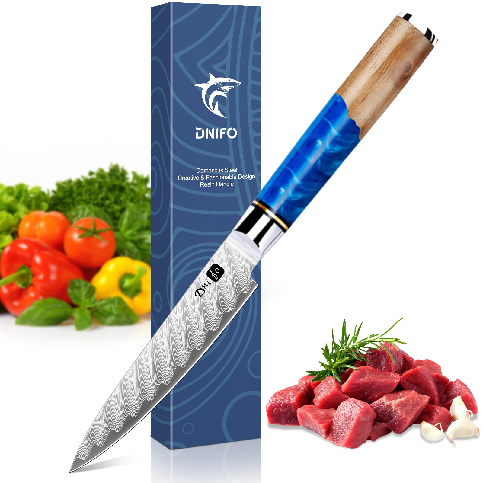 - Kitchen Utility Knife 5 Inch, Japanese VG10 Steel Damascus Paring knife, Small Kitchen chef Knife with Gift Box and Resin Wood Handle, Ideal Birthday Gift for Men and Women