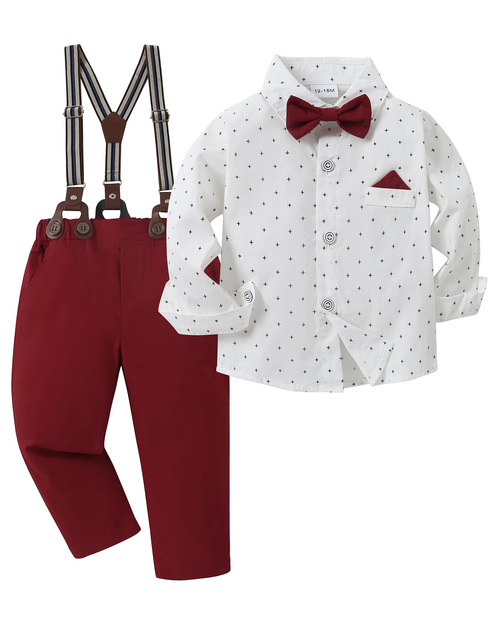 CARETOO Costume de gentleman pour enfant - Tenue de mariage - Robe formelle - Nœud papillon - Pantalon à bretelles longues - 1 à 5 ans