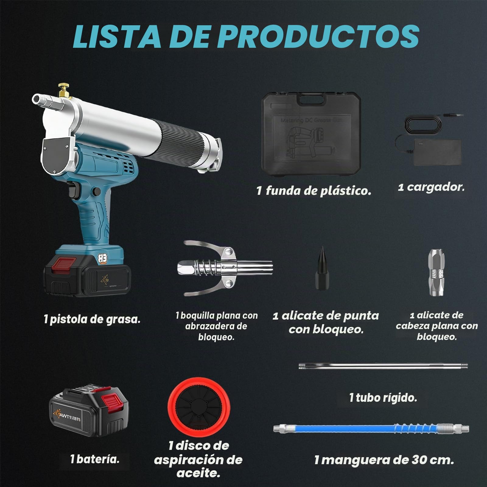Pistola engrasadora eléctrica con batería, 12000 PSI, con baterías, manguera de 30 cm, luz LED, 4,9 oz/min, funciona con pilas, engrasadora de alta presión para tractores, camiones y máquinas