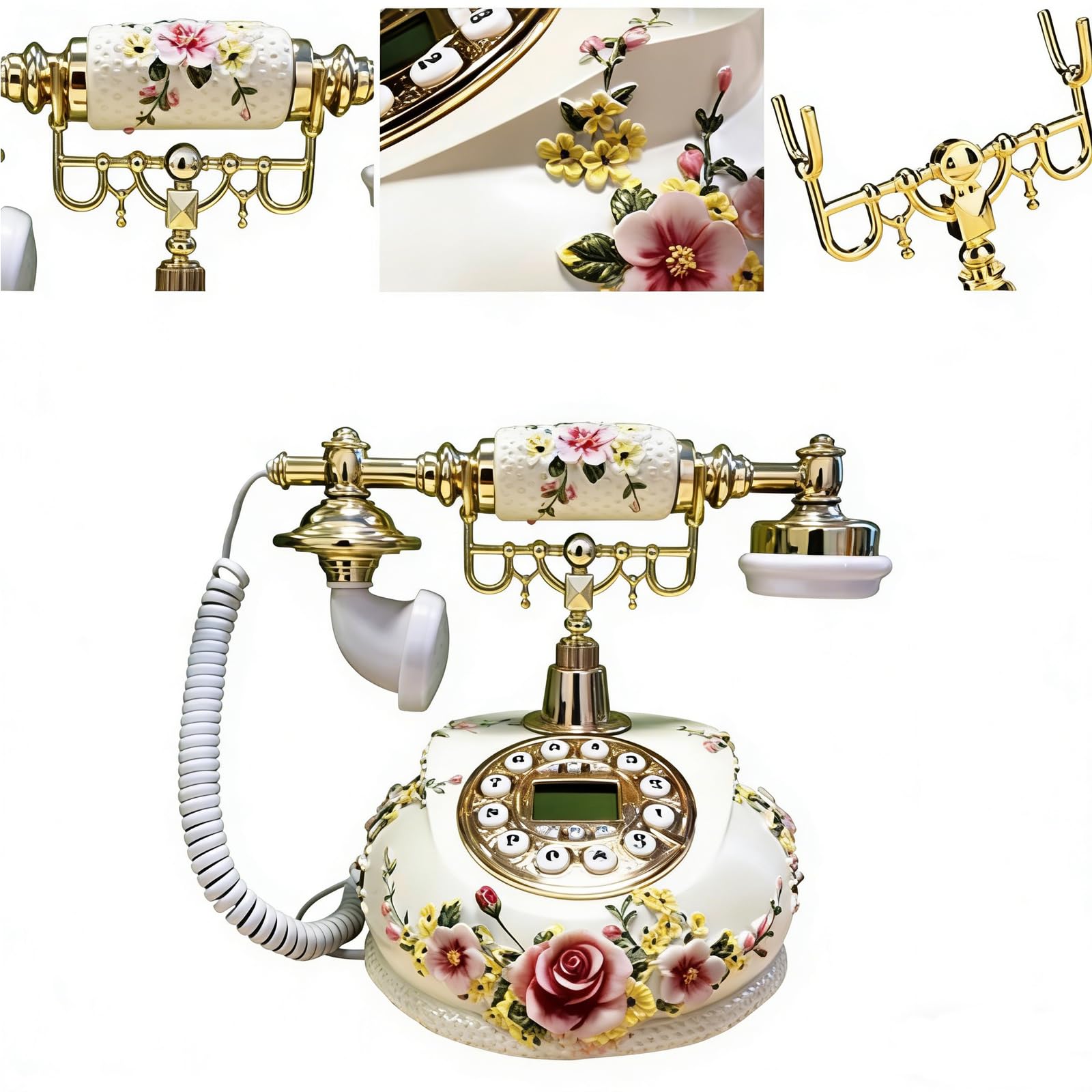 Telefono Fisso Floreale Vintage con Rose dipinte a Mano in 3D, Telefono Classico in Stile Antico con ID chiamante e Selezione a Pulsanti per Arredamento casa, Camera da Letto e Reg