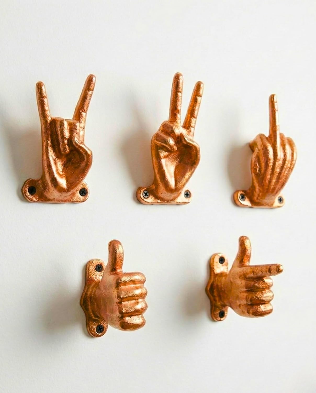 Set of 5 Hand Gesture Decorative Wall Hooks, 4 Inches High-Peace Sign-Rock On-Fun Finger-Thumbs up & Pointing Finger Gestures. Unique Stylish Key or Towel Hangers (Copper)
