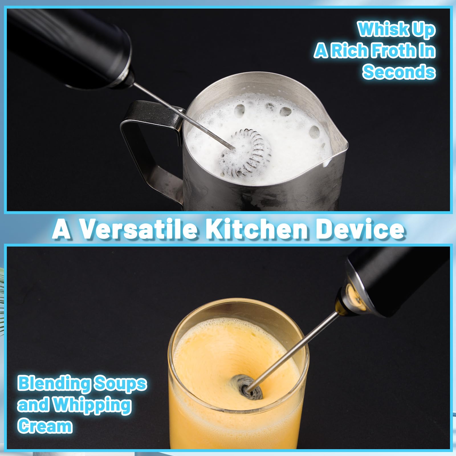 Espumador de leche USB-C recargable de mano con 2 batidores de acero inoxidable 304, nuevo batidor de café mejorado de 3 velocidades, mezclador eléctrico de bebidas para lattes, capuchino, 5