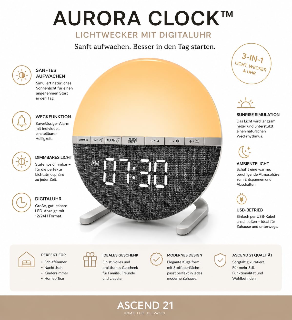 Aurora Clock™ Lichtwecker mit Digitaluhr, Sunrise Simulation, Dimmbares Ambientelicht, USB-Betrieb, Runde Form