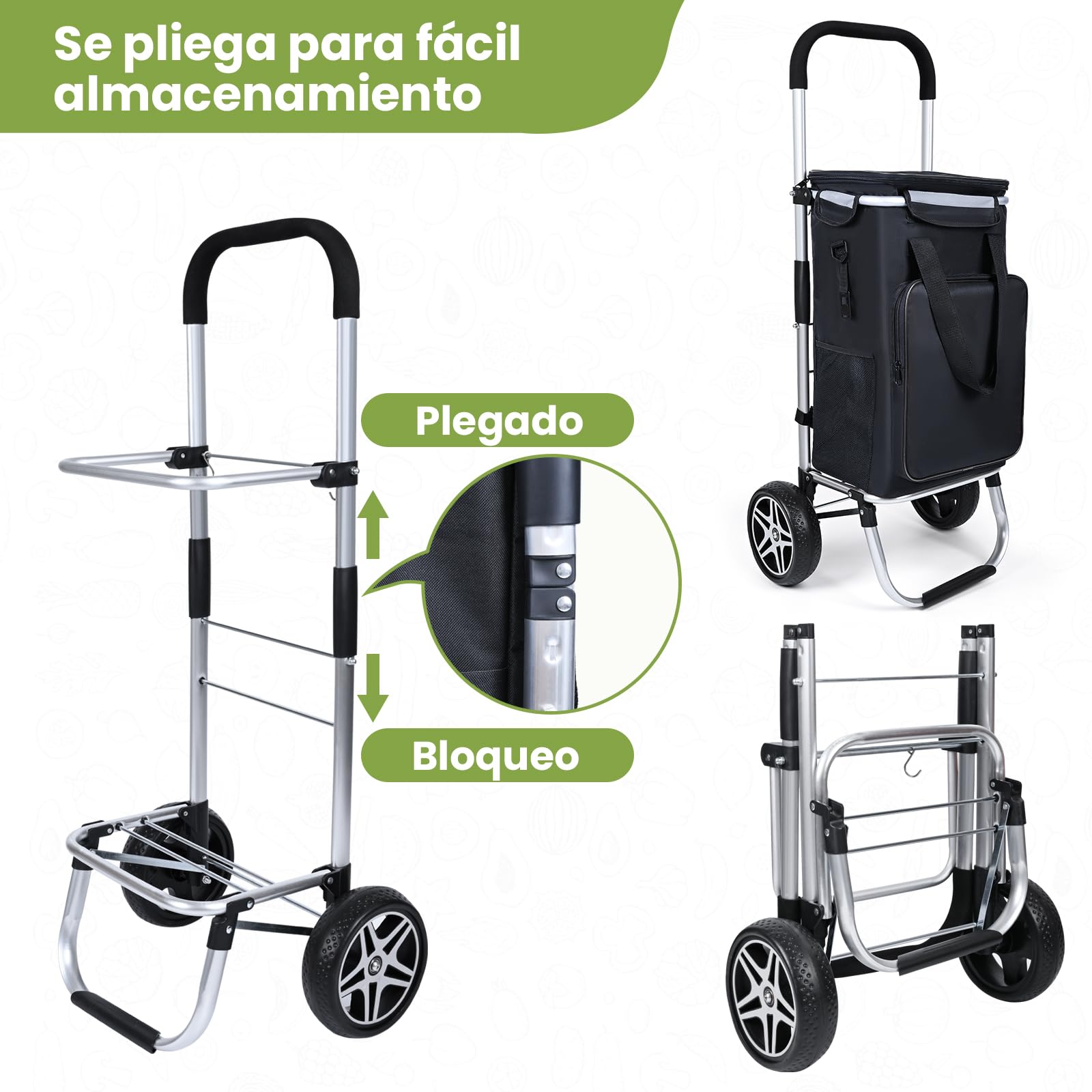 YEAUPE PRO Carro de la Compra, MAX 50L de Capacidad - Carrito de 2 Ruedas, 3 en 1 con Bolsa Térmica Desmontable - para Compra Semanal, Picnic o Viaje - Negro