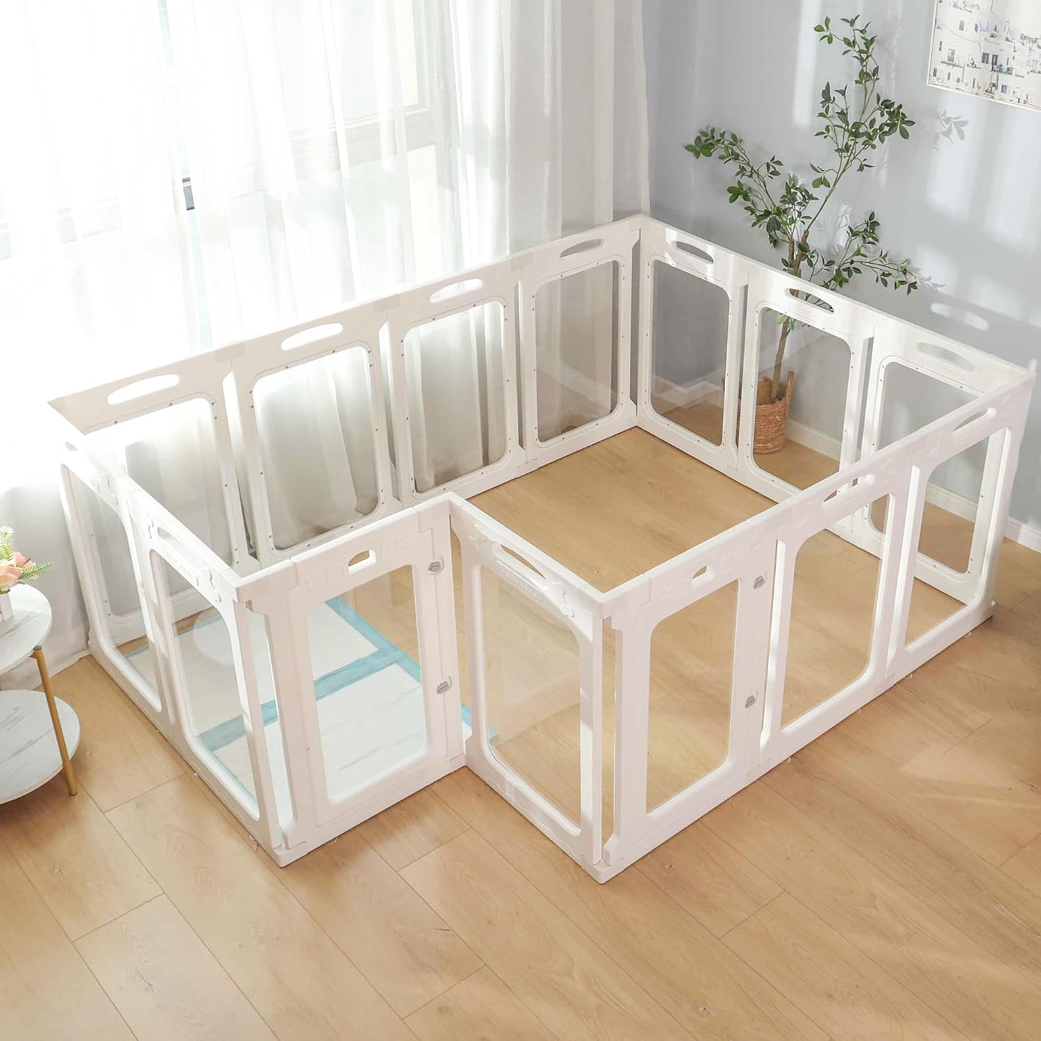 Clear Acrylic Dog Playpen Indoor, Expandable Size & Flexible Shape, Ideal for Small & Toy Dogs, White
