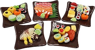 5 Pieces Sushi Bento Miniatures Food Set On Ceramic Plate Dollhouse Miniatures Food for Home Kitchen Miniature