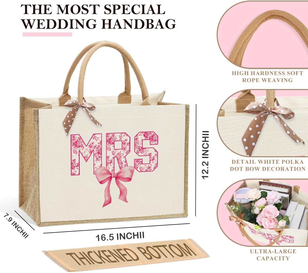 KongMoTree Bride Wedding Tote Bag, Coquette Bow Tote Bag with Floral for Wedding Bachelorette Party Honeymoon Travel - Image 4