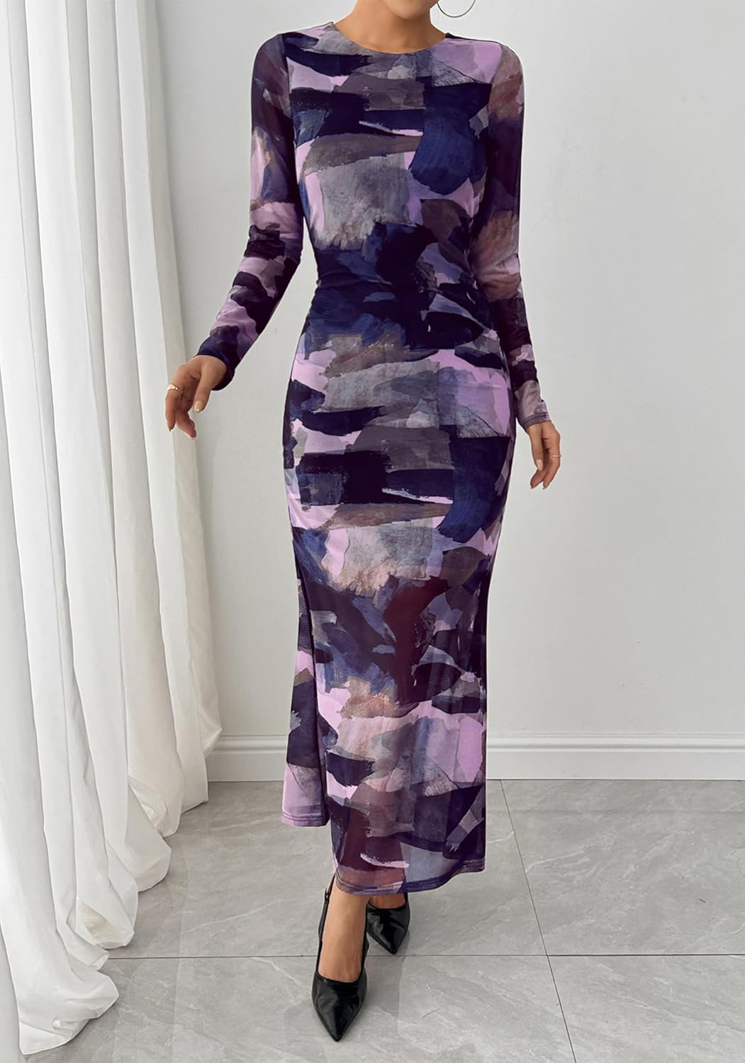 BTFBM Wedding Guest Dresses for Women Spring Fashion 2026 Bodycon Crew Neck Long Sleeve Boho Mesh Floral Maxi Fall Dress - Image 6