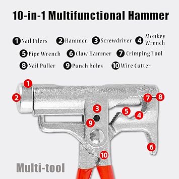 10 in 1 Stiletto Hammer Multifunction Hammer Screwdriver Wire Cutter Covered with Non Slip Rubber, Ergonomic to Hold and Use Applied for Home Decoration, Appliance Repair