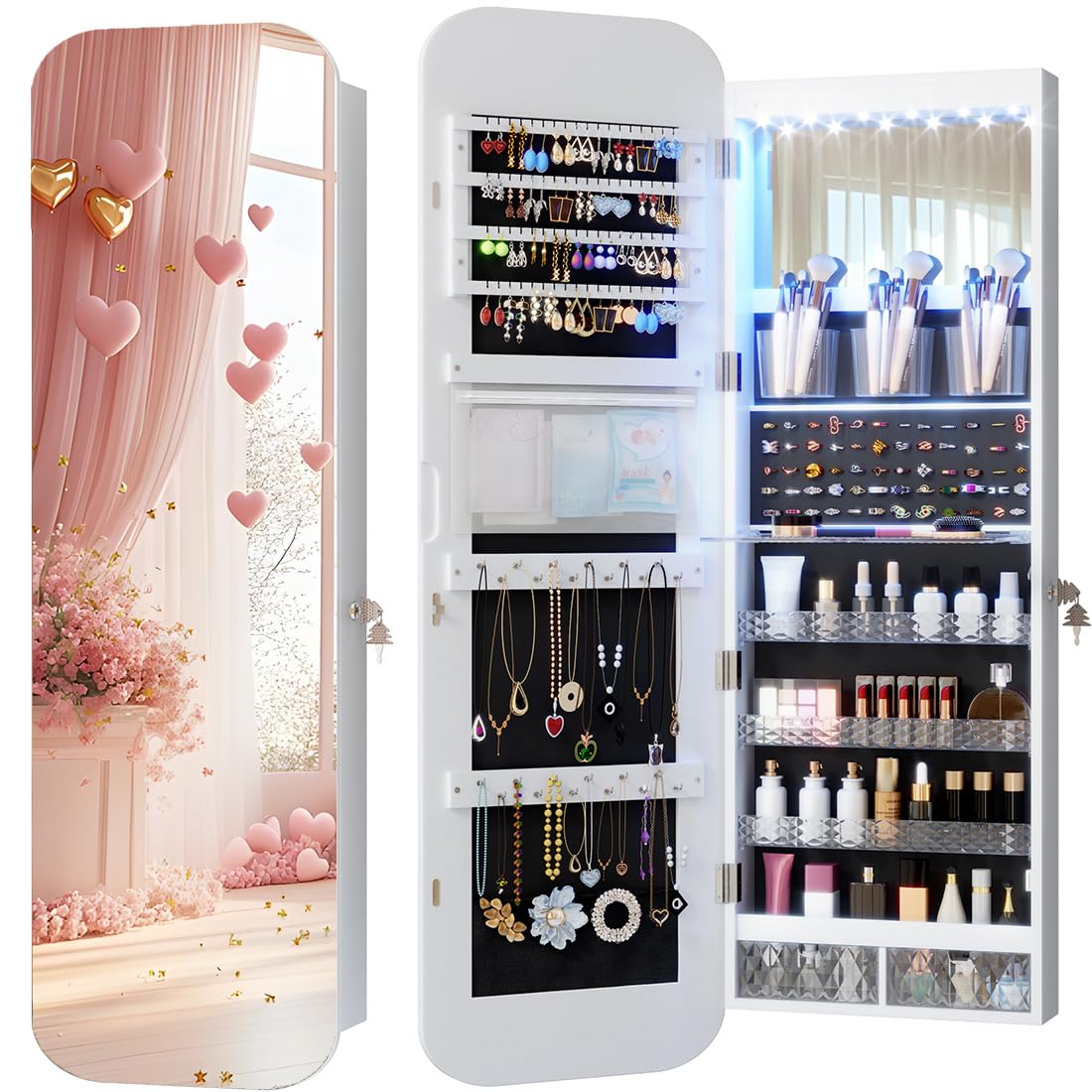 Vlsrka Oval Armario Joyero con Luz, LED Armario Espejo Joyero de pared, Espejo joyeros de puerta con Cerradura, Armario Espejo colgante Con luces, Ovalado Espejo joyeros, Regalo mujere, Blanco