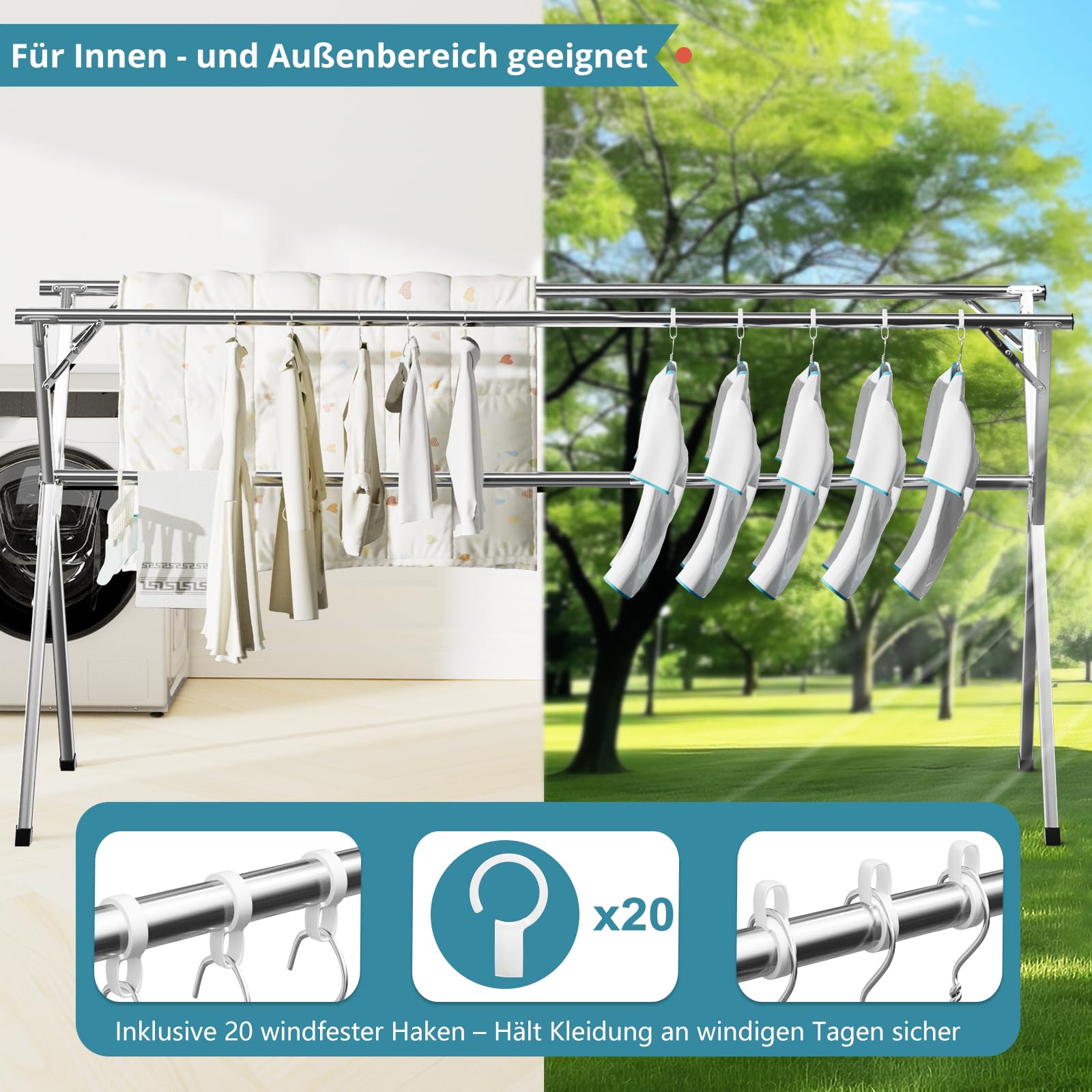 JAUREE 200cm Wäscheständer, Faltbarer Kleiderständer für drinnen und draußen, robuster Edelstahl Wäscheständer ständer, tragbarer, großer Kleiderständer stabil mit 20 winddichten Haken