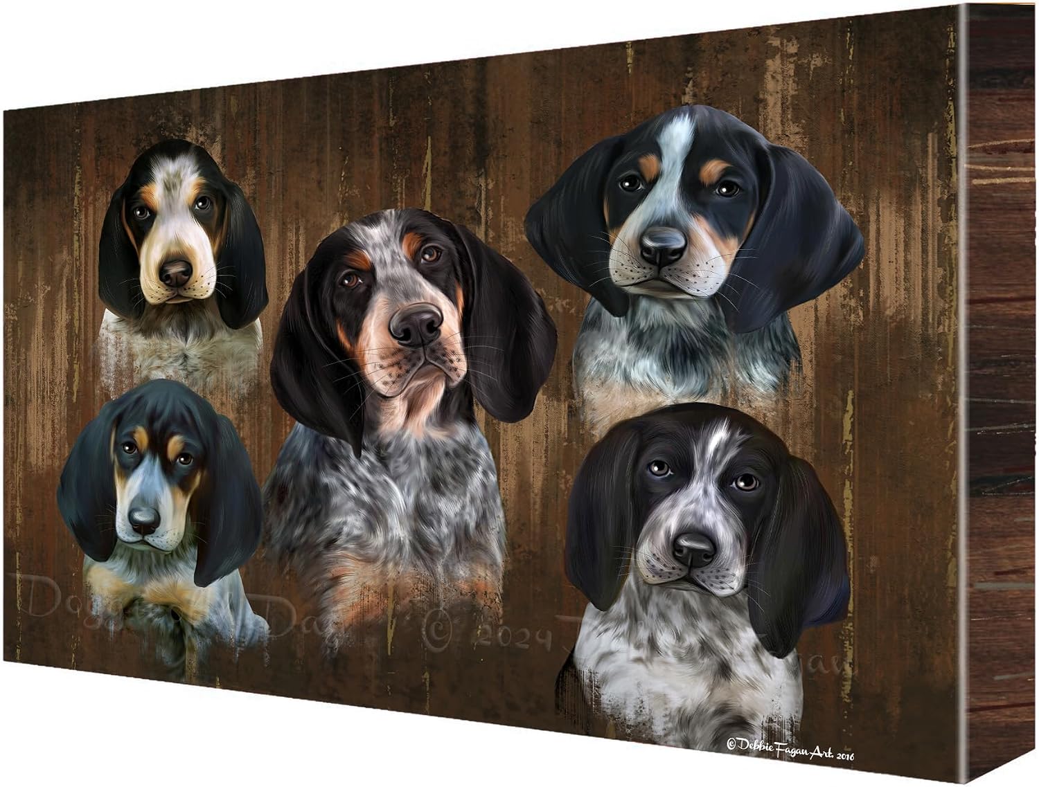 Rustic 5 Heads with Bluetick Coonhound Dogs Canvas Wall Art - Premium Quality Ready to Hang Room Decor - White Floating Framed 16" x 16"