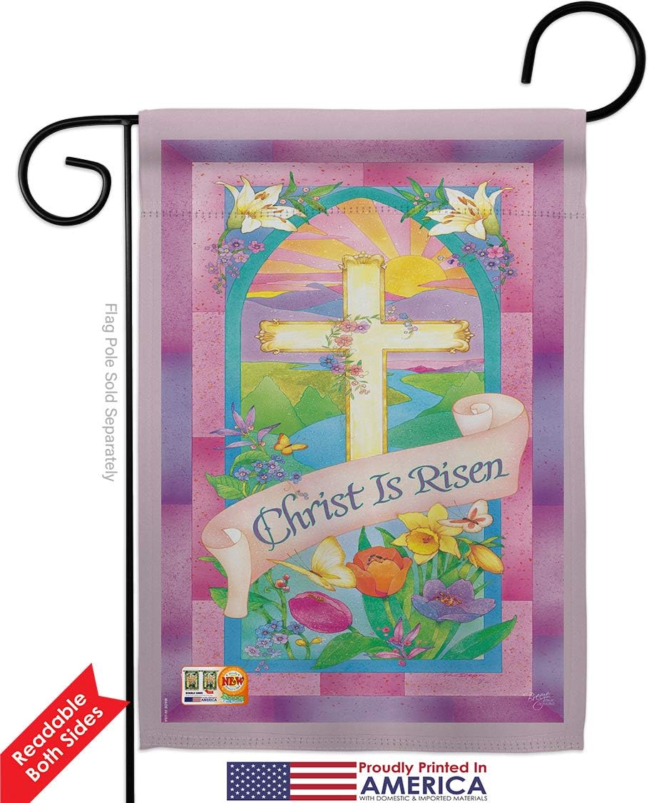 Breeze Decor Christ is Risen Garden Flag 2pcs Pack Spring Easter Happy Bunny Egg Christian Season Springtime Holiday House Decoration Banner Small Yard Gift Double-Sided, Thick Fabric, Made in USA