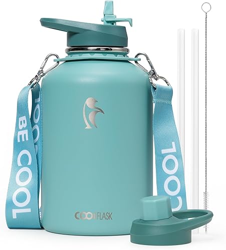 Miniatura 21 de Coolflask Botella de agua con pajilla, termo de agua de metal aislado de 40 onzas con tapas de popote y boquilla, acero inoxidable de doble pared