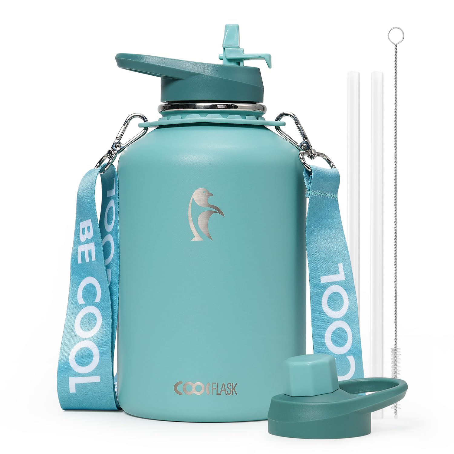 Coolflask Insulated Water Bottle 64 oz with Straw, Half Gallon Large Water Jug with Straw & Spout Lids, Vacuum Stainless Steel Metal Flask, Keep Cold 48h Hot 24h, Leak Proof & Non-BPA, Agate Green