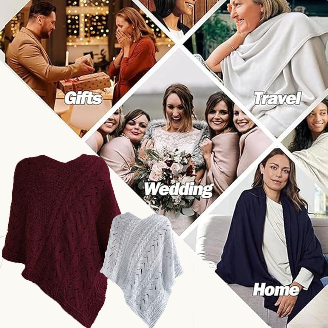Maglione poncho da donna oversize con scollo a V, stile casual, elegante mantello scialle lavorato a maglia