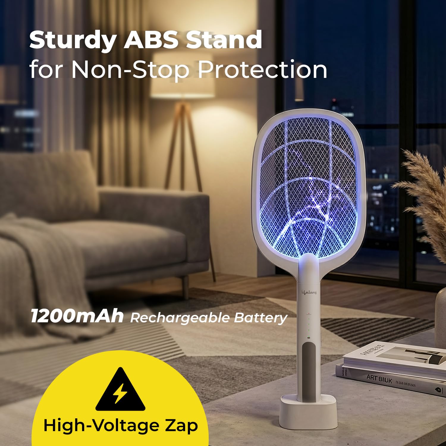 Lifelong 2 in1 Electric Mosquito Racket | 2X Quick Charging | Fly Swatter with a Base Stand | UV Light & Base Type-C Charging | Rechargeable 1200mAh Battery | Lasting Battery 1