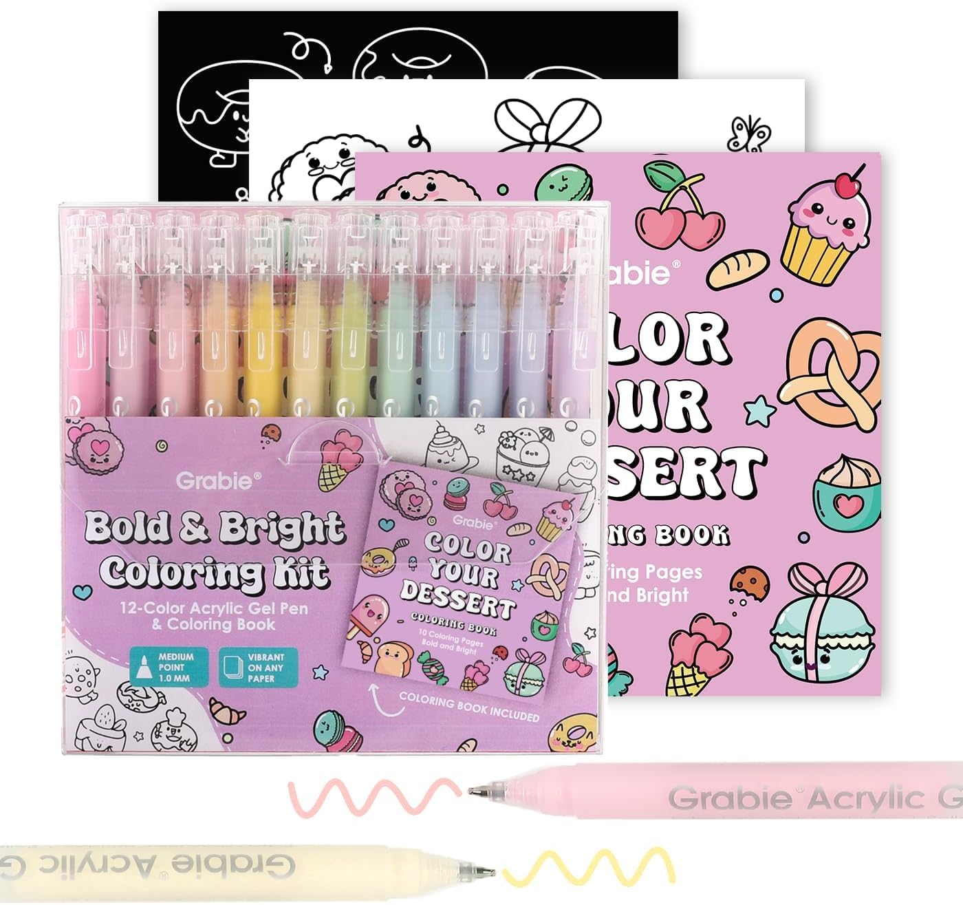 Grabie Coloring Kit, Acrylic Gel Pens Set with Coloring Book, 1.0mm Medium Tip Opaque Gel Pens for Adult Coloring Books, Drawing, Journaling, Planner, Art Supplies Gift Set of 12 Dessert Colours