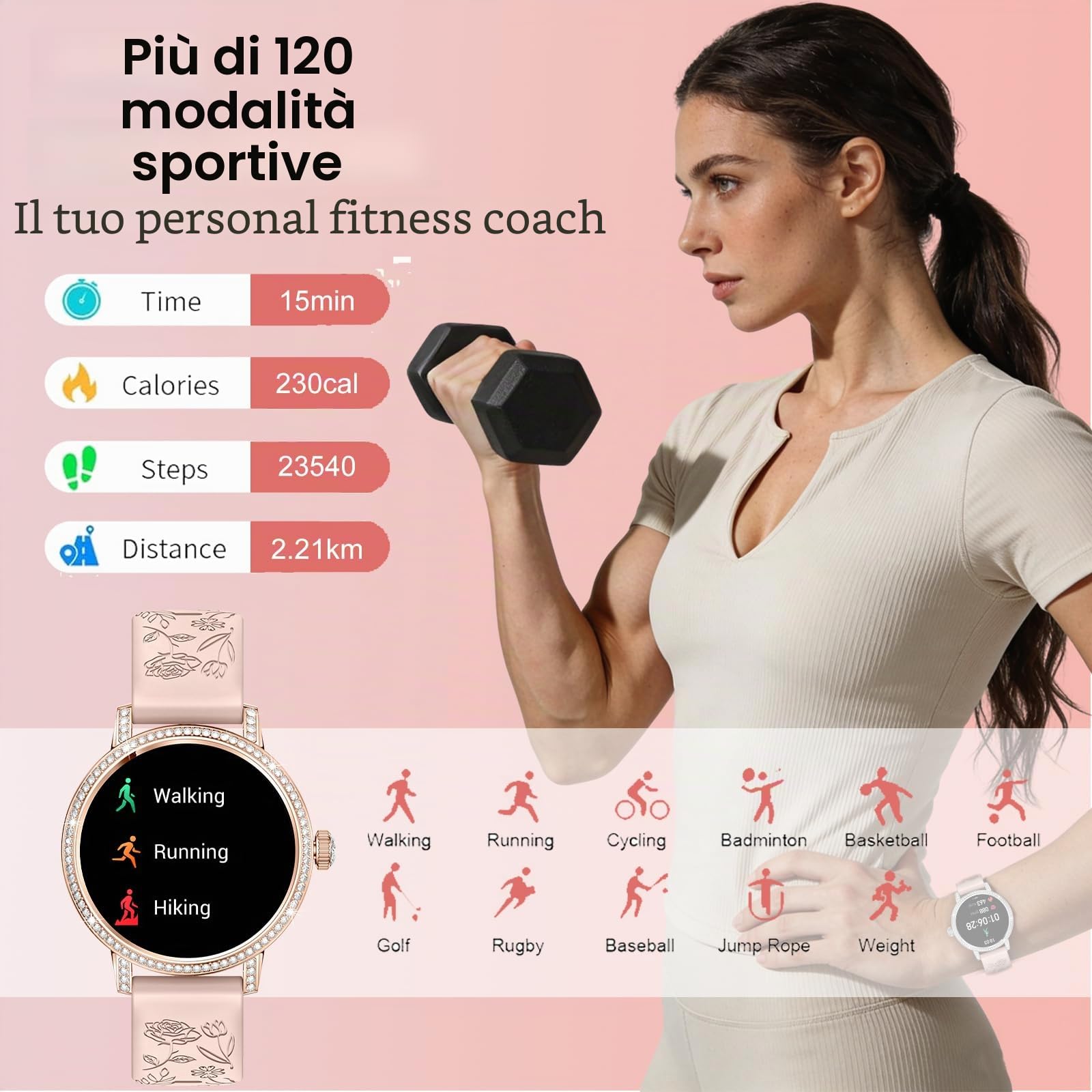Smartwatch donna con Diamant,3 Cinturini,1,27" HD Smart Watch con Chiamate Bluetooth,Pressione/Sonno/Passi/HR/SpO2/Calorie,IP68 120+ Sportivo orologio donna smartwatch per Android/iOS,Oro rosa