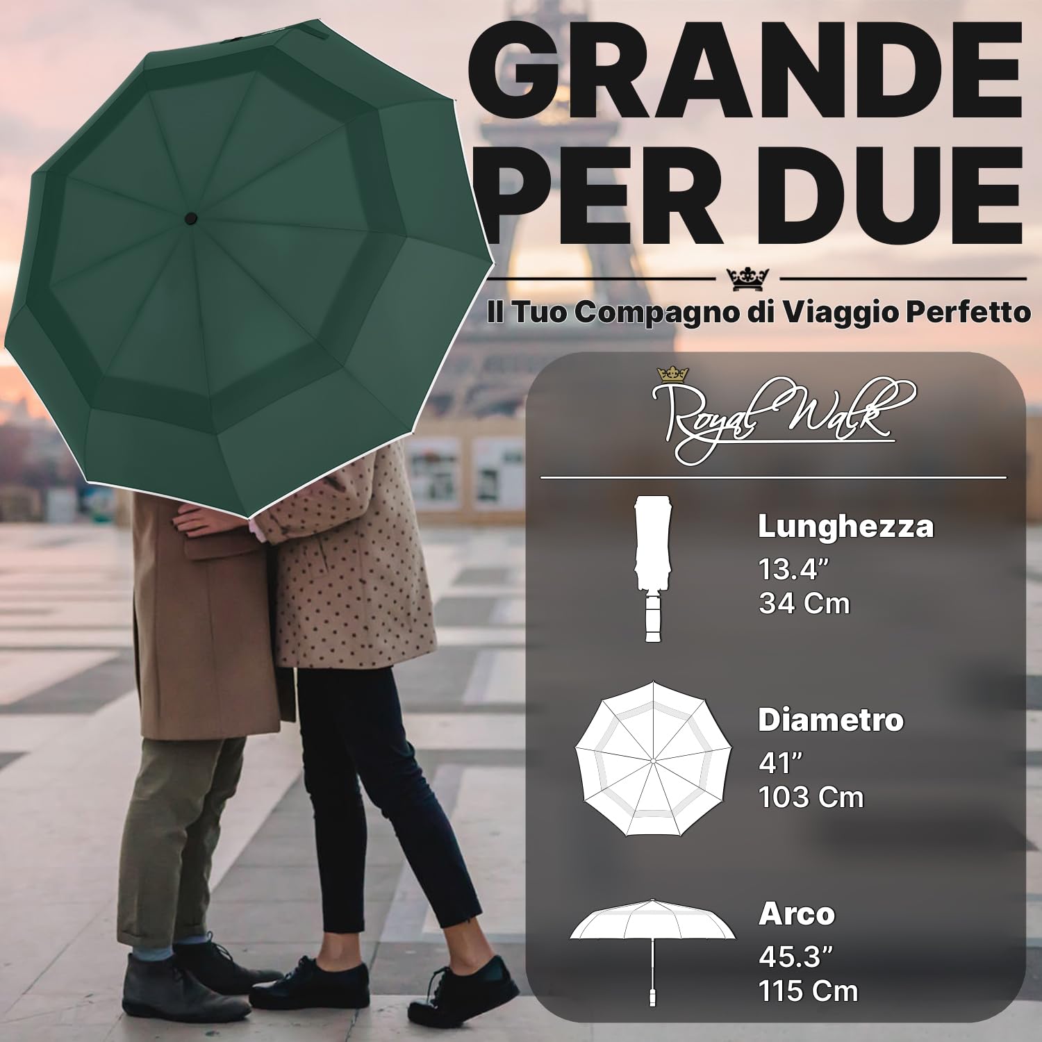 Royal Walk Ombrello da viaggio pieghevole antivento, compatto e resistente, con manico in vero legno, apertura automatica, chiusura automatica, doppia tettoia per uomini e donne, Verde scuro, L,