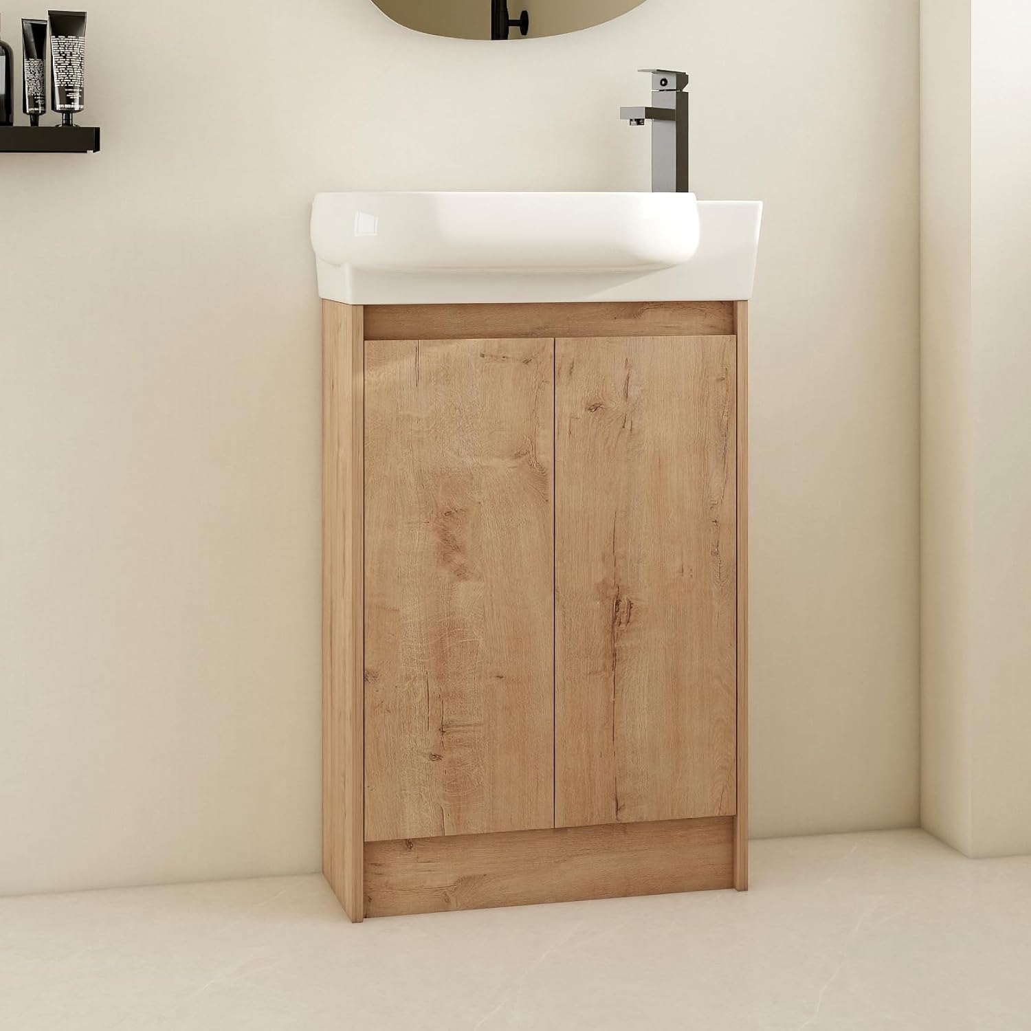 Henf Small Bathroom Vanity with Sink, 23" Freestanding Bathroom Vanity Combo with Ceramic Sink and Adjustable Shelf,Single Wood Bath Room Set w/Soft Closing Doors for Small Space