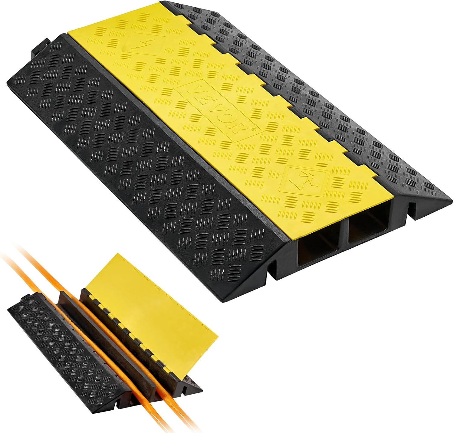 VEVOR Cable Protector Ramp, 22,000 lbs/axle Capacity, 2 Channel Heavy Duty Rubber Cord Hose Wire Cover, 4 x 3 in Channel, Traffic Speed Bump with Flip-Open Top Cover, for Indoor Outdoor Use, 1 Pack