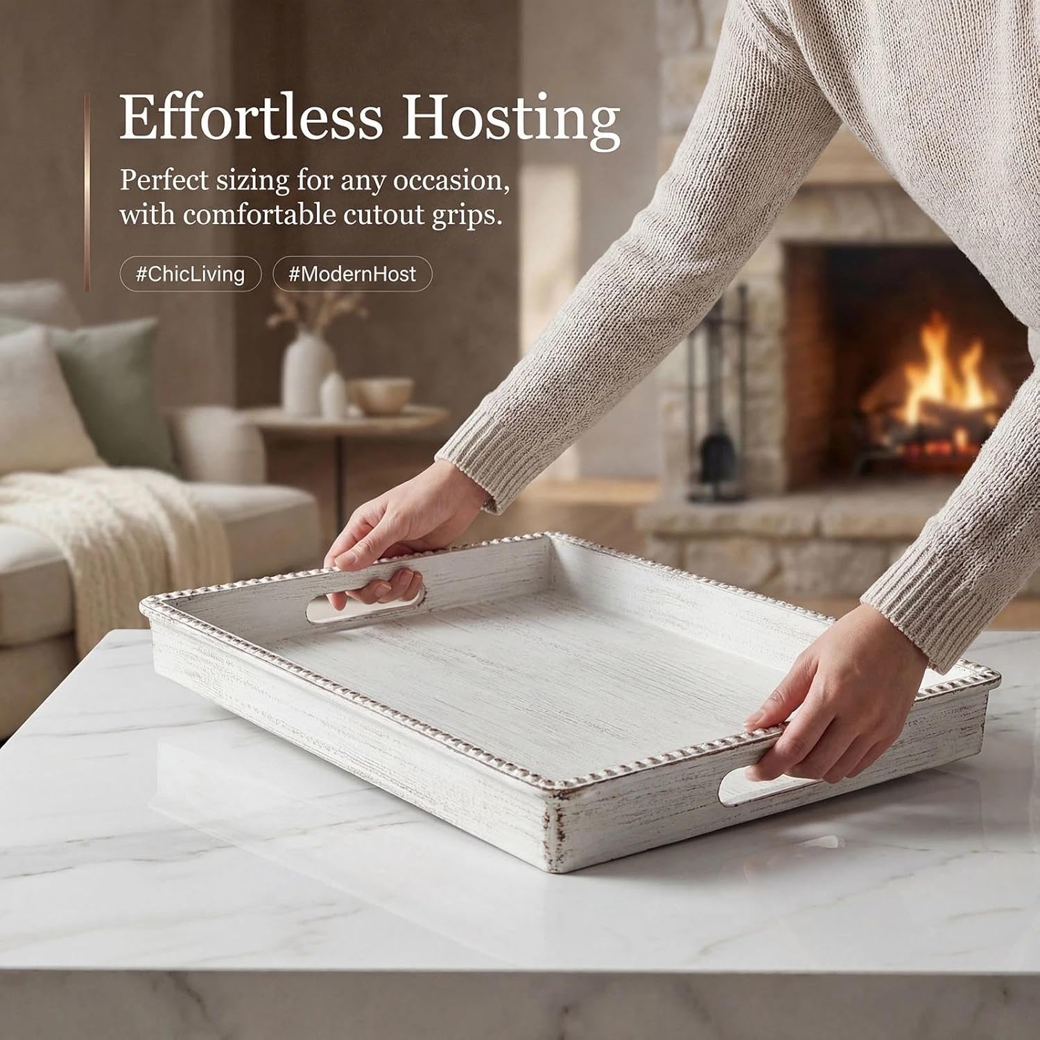 Zosenley Decorative Tray, Rectangular Plastic Tray with Handles, Modern Vanity Tray and Serving Tray for Bathroom, Kitchen, Ottoman and Coffee Table, 15.6” x 10.2” (Retro White)