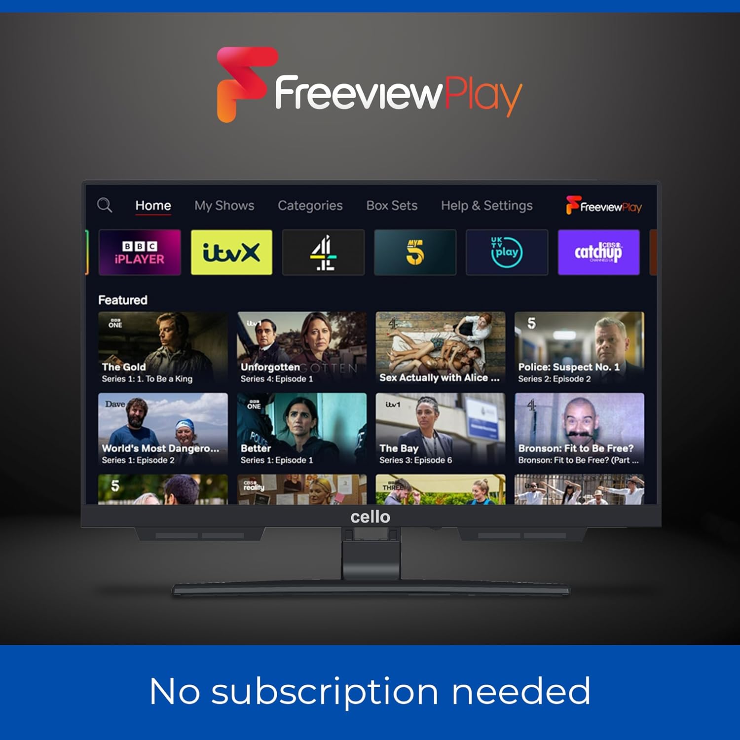 Cello C1924WSH 19-inch Smart TV displaying the Freeview Play interface with various catch-up TV options.