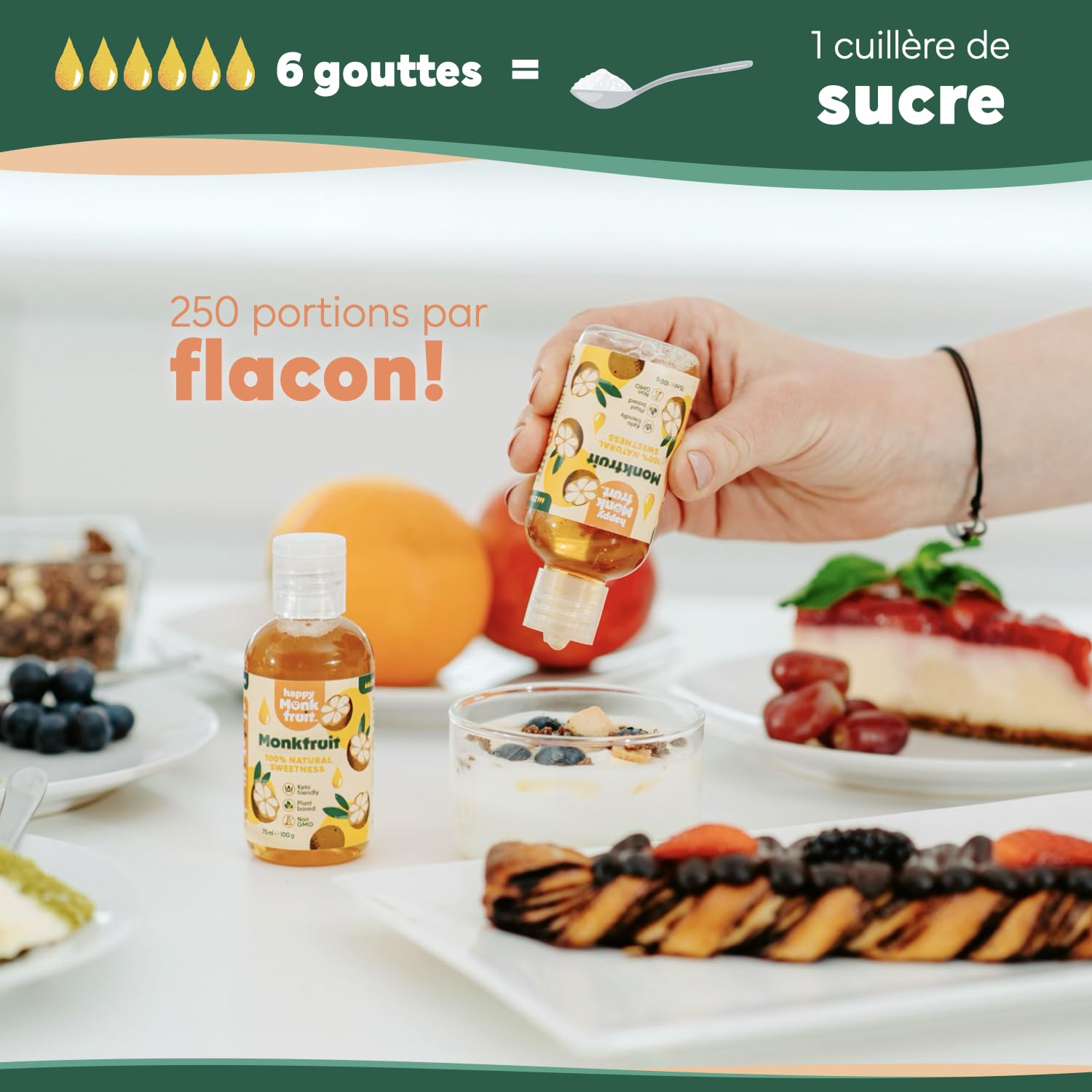 Fruit du Moine Édulcorant 75ml Gouttes, 250 Portions, 15x Plus Sucré que le Sucre - Monk Fruit Pur Sans Érythritol ni Stévia - Substitut du Sucre Naturel, Keto, Végan | Happy Monkfruit®