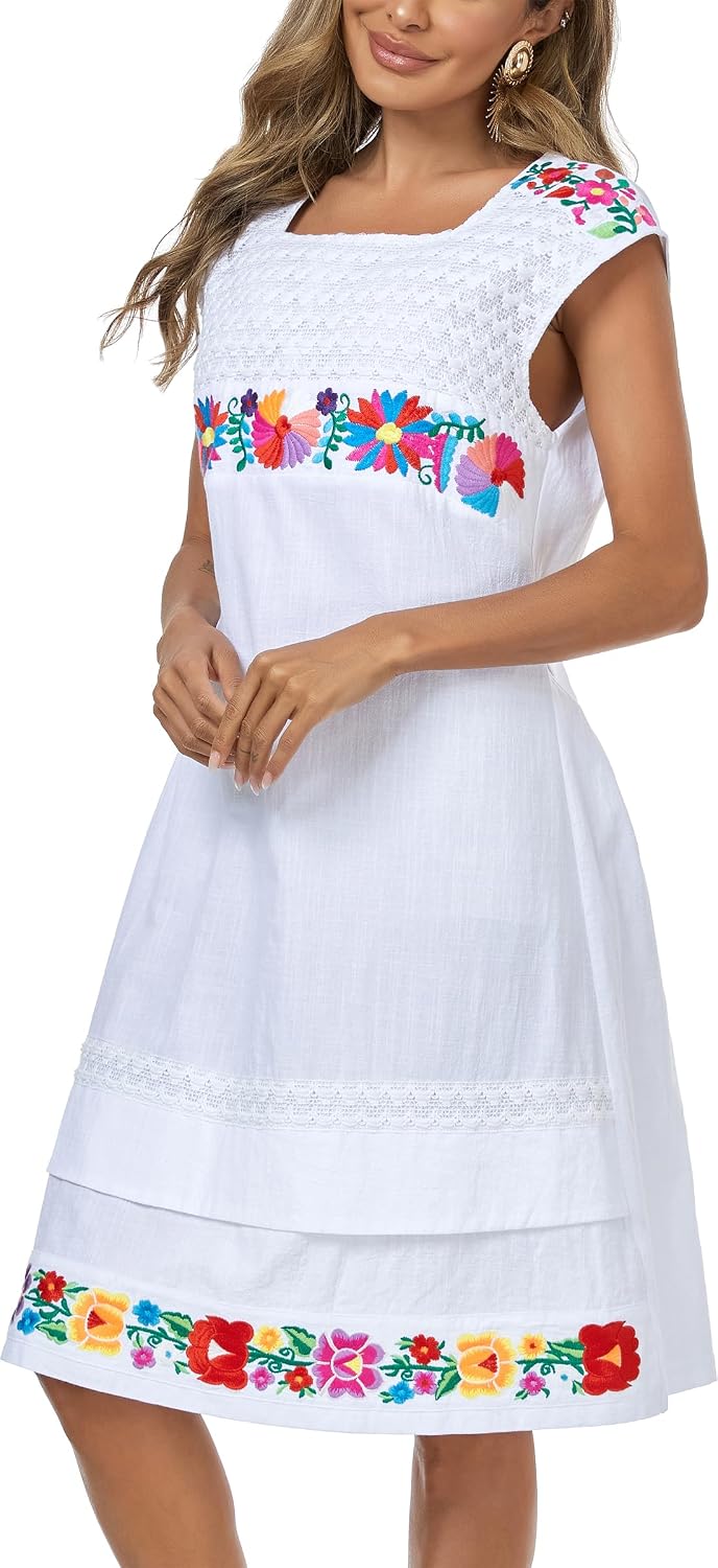 YZXDORWJ Women Mexican Embroidered Dress Short Sleeve