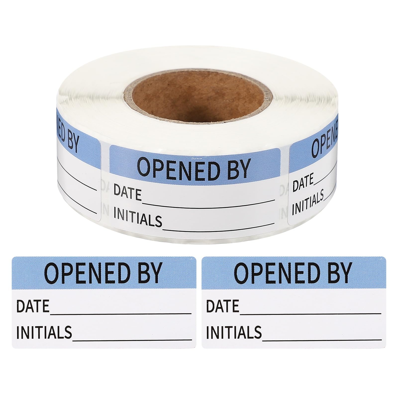 PATIKIL 500 Pcs Opened by Label Stickers Roll, 2 x 1 Inch Removable Inventory Labels Adhesive Food Sticker Roll for Marking Organizing Inventory and Food Container, Light Blue and Black — image 1