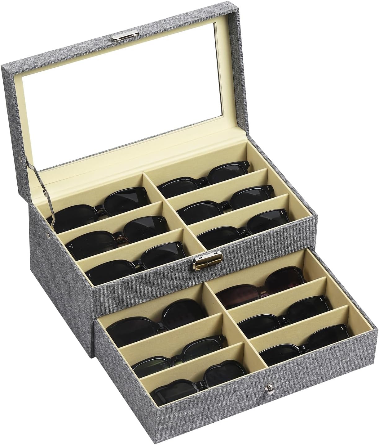 AUTOARK Linen 12 Piece Eyeglasses Storage and Sunglass Glasses Display Drawer Lockable Case Organizer,Grey,AW-096