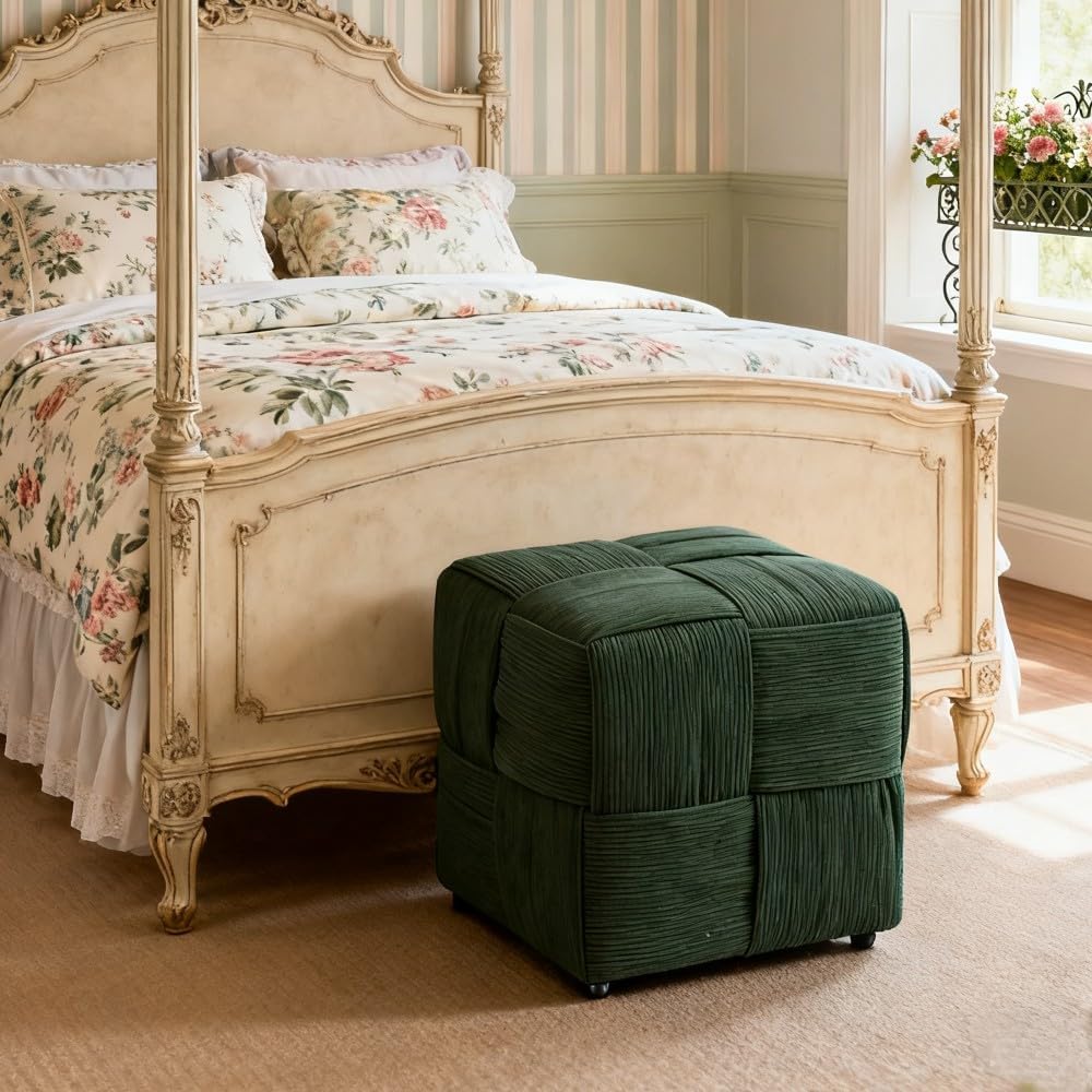 Ottoman Foot Rest Soft and Comfortable Ottoman Square Corduroy Woven Design Sofa Stool (Green)