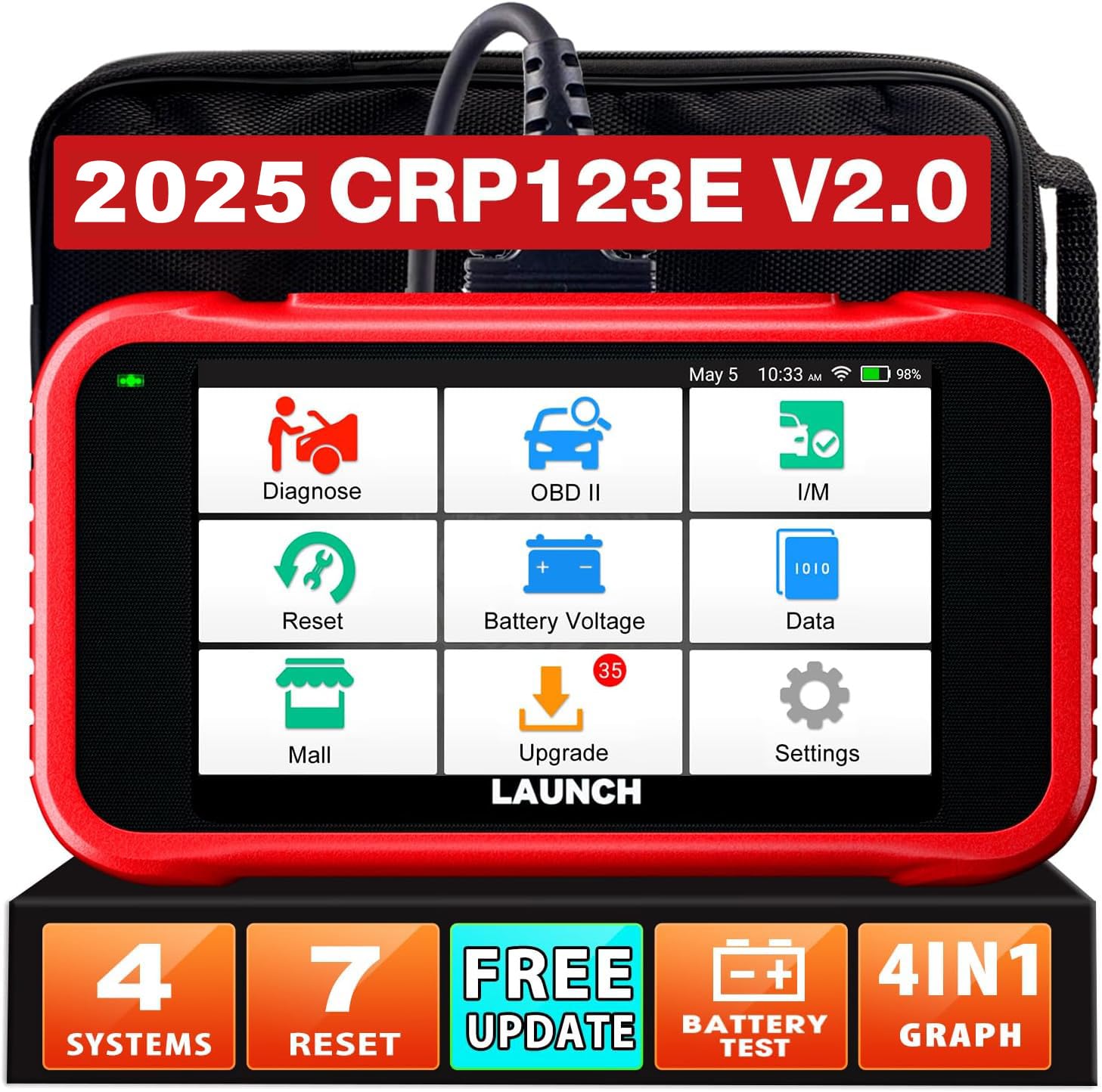 LAUNCH CRP123E V3.0 OBD2 Multi-Brand Car Diagnosis with 4 Systems and 7 Reset Functions, Diagnostic in Italian Engine System ABS SRS Transmission, Reset Oil ETS SAS ABS, WIFI Upgrade, CANFD&DOIP