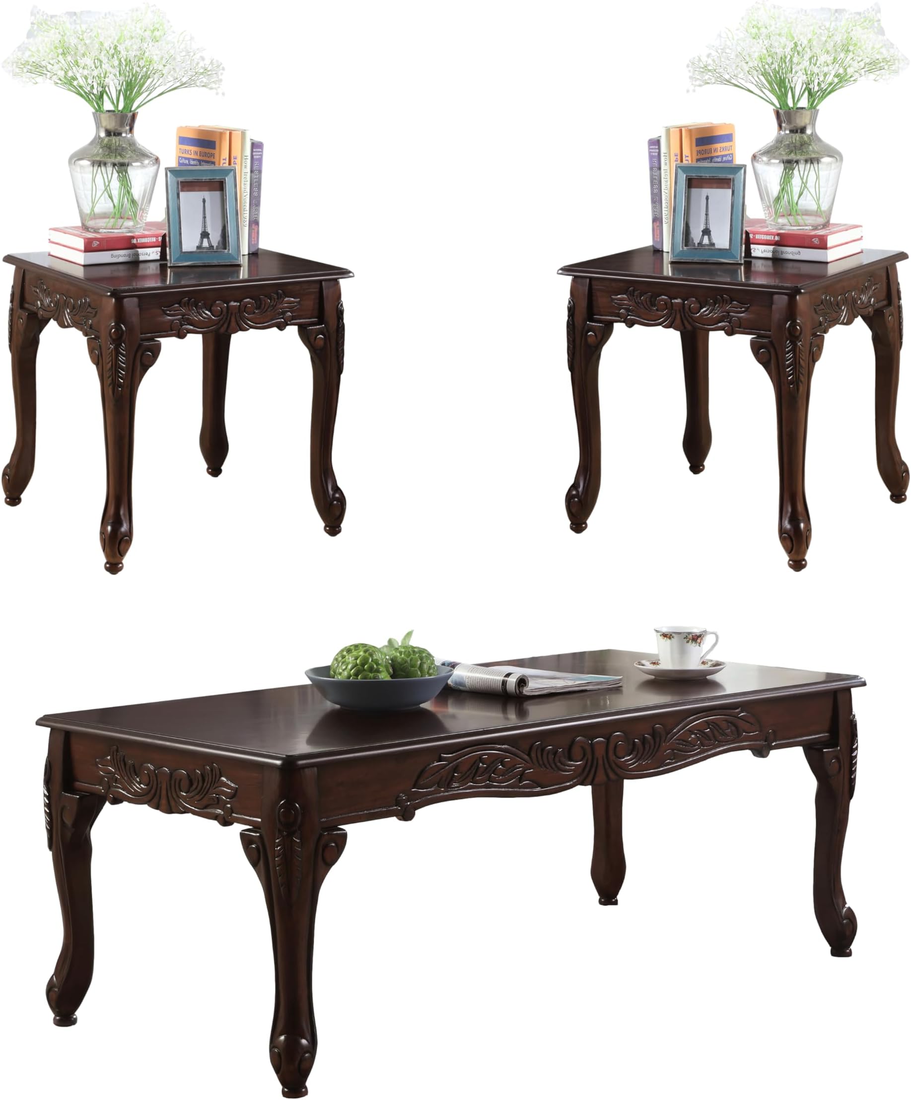 Kaimei Dark Cherry 3 Piece Coffee and End Table Set for Living Room - Traditional Style Wood Look Tables for Home Decor
