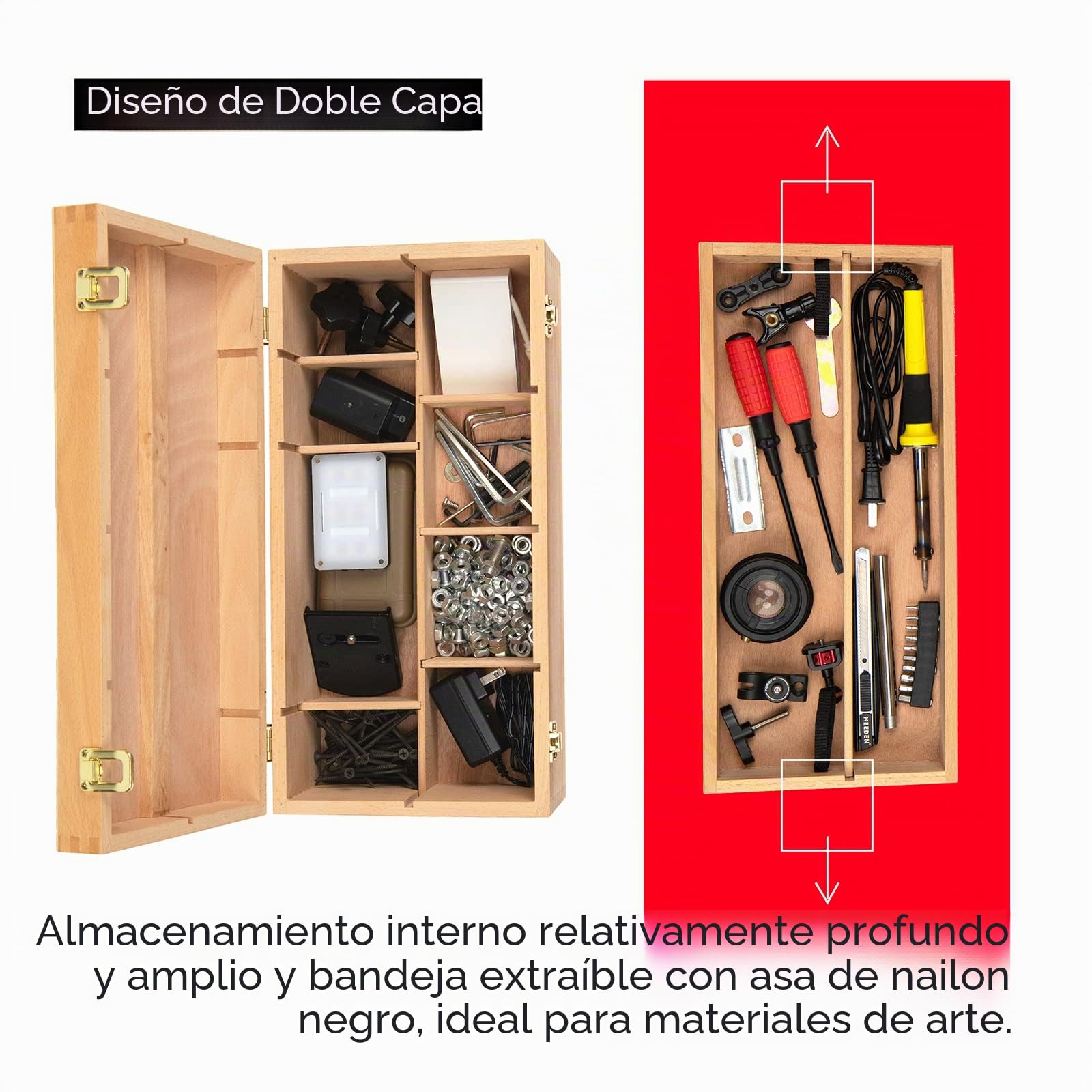 MEEDEN Caja de almacenamiento grande de suministros de arte – Caja de herramientas multifuncional de madera de haya maciza con cajón(es) para pincel de pintura,