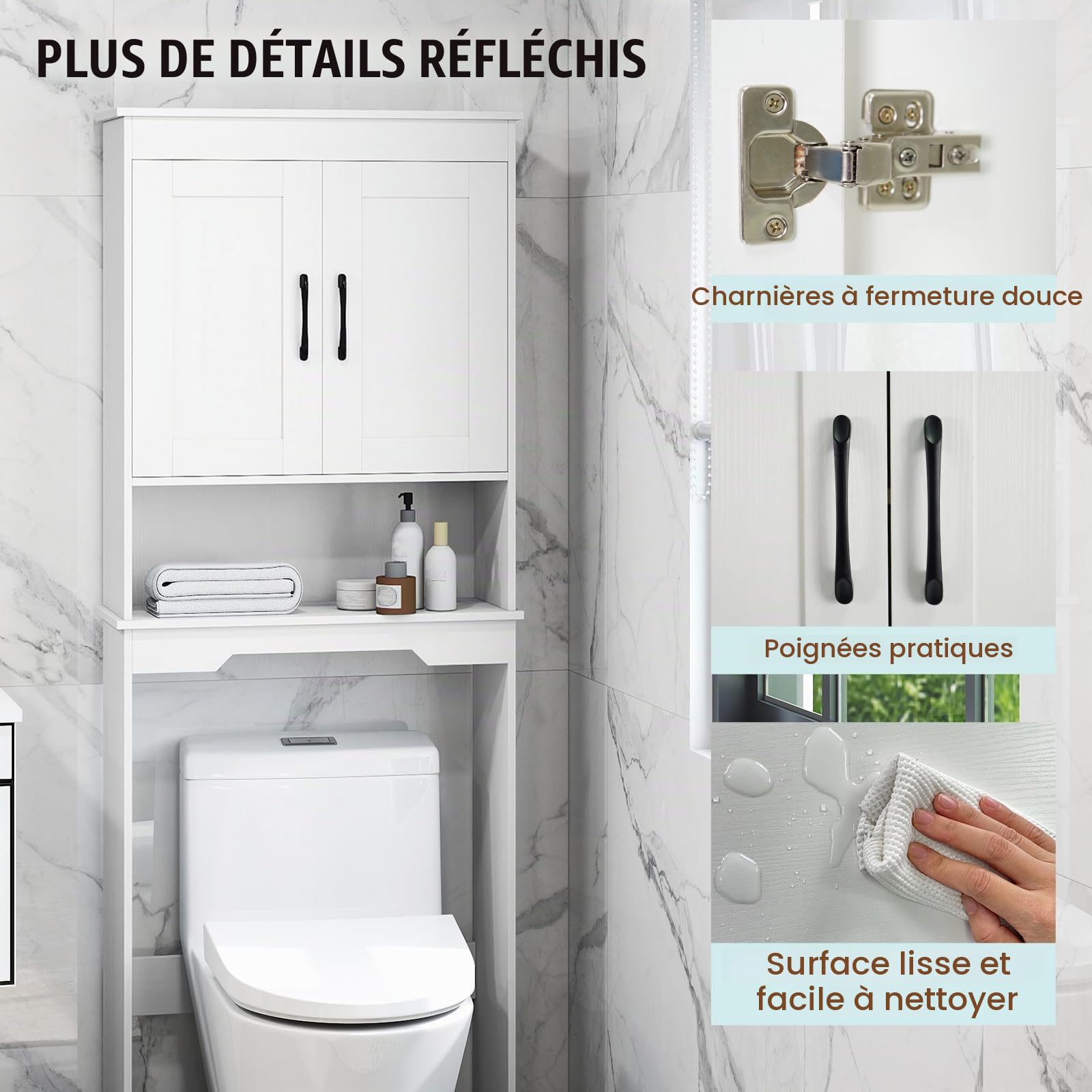 LIFEZEAL Meuble Dessus Toilette/Machine à Laver, Meuble de Salle de Bain avec 2 Portes et Etagère Réglable, Armoire de Salle de Bain Autoportante (Blanc)