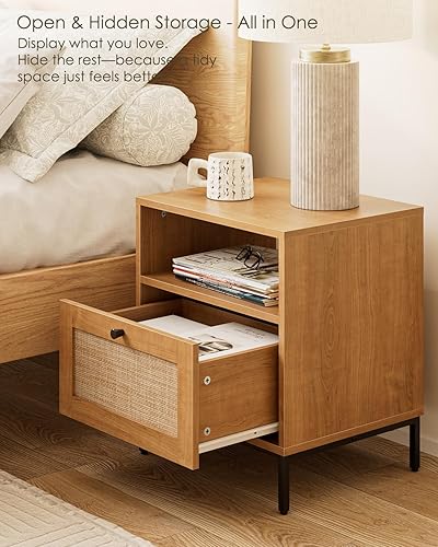 Miniatura 4 de Mesita de noche extragrande de ratán, moderna mesita de noche bohemia de madera con cajón de almacenamiento y estante abierto, mesa auxiliar grande