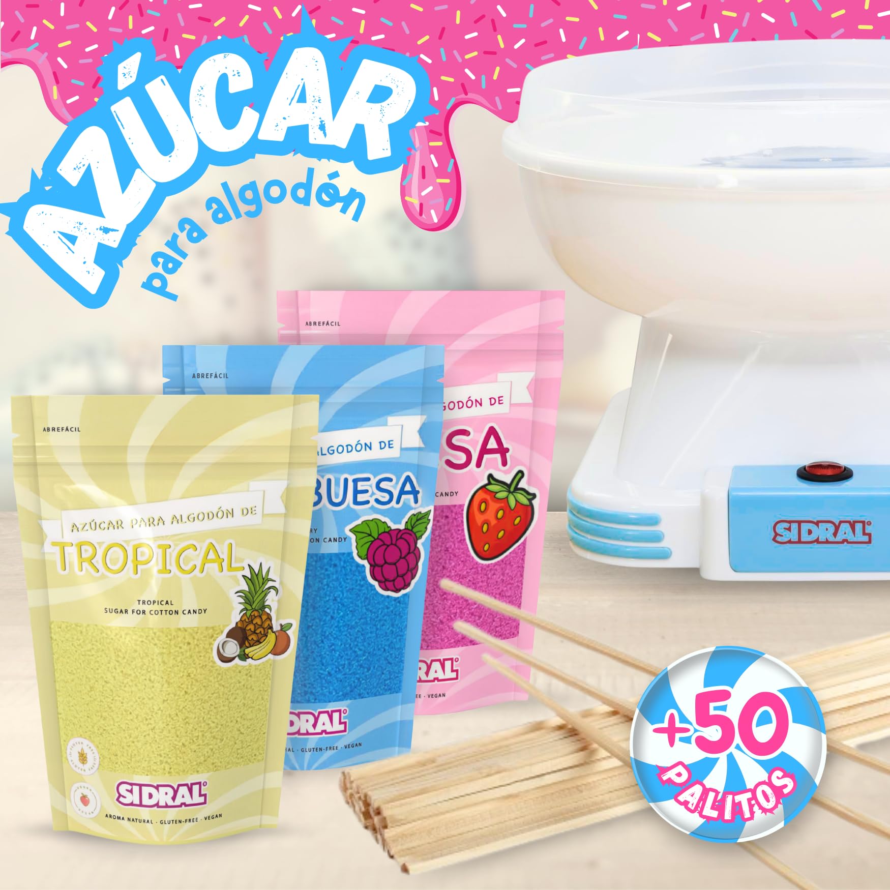 SIDRAL - Sucre Barbe à Papa pour machine - Arômes et Colorants Naturels - Lot de 3 x 250GR (Fraise - Framboise - Tropicale) poudre barbapapa + 50 Bâtonnets recyclables pour dégustation